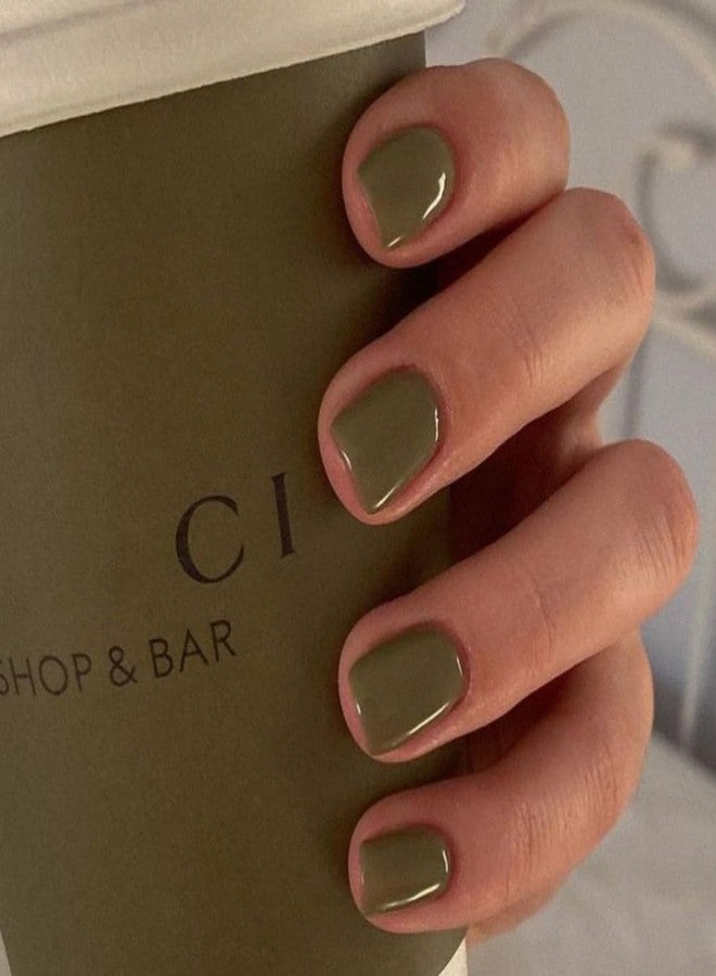KQueenest Olive Green Press on Nails Short Square, Glazed Acrylic Nails Press on Solid Color, Natural Fake Nails Short, Reusable Stick on Nails for Women Finger Wear 24 Pcs - Image 4